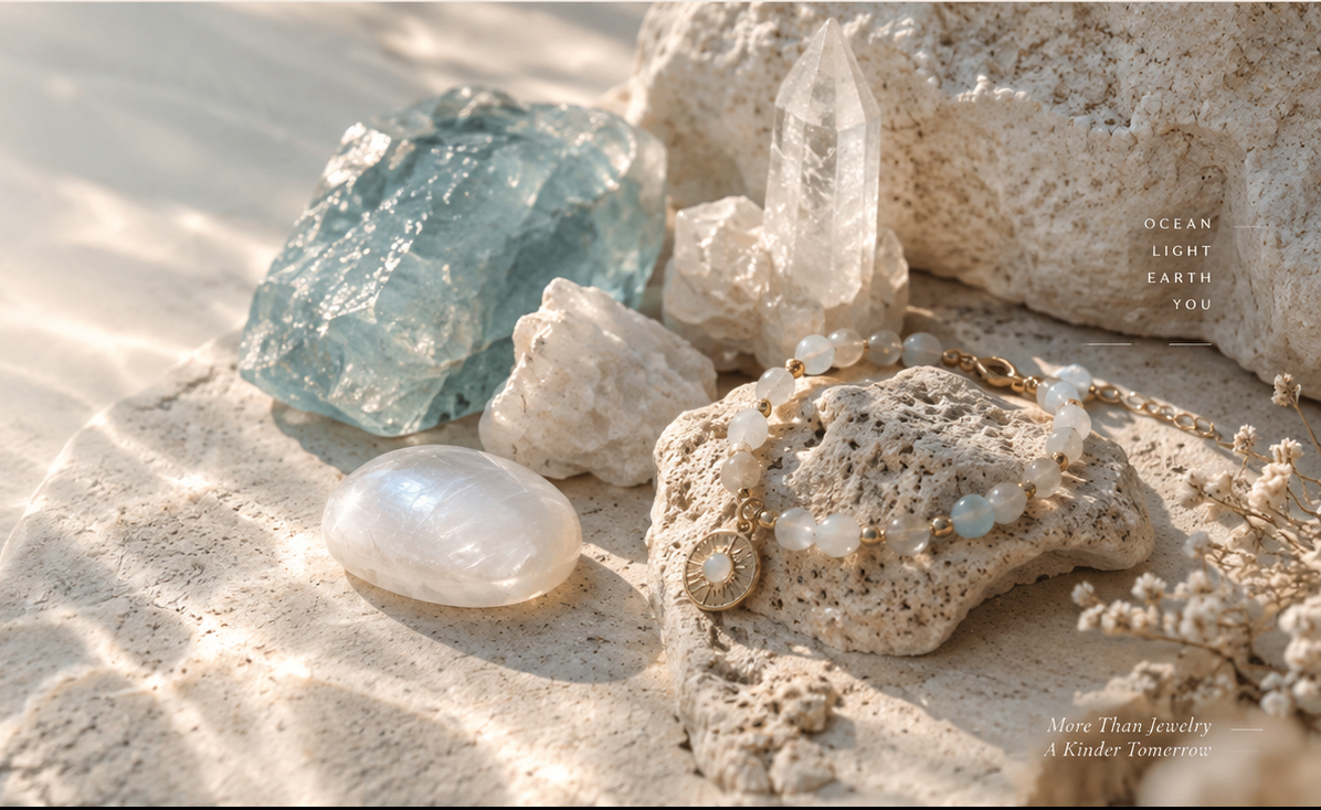 Natural gemstones and a delicate bracelet arranged on pale stone