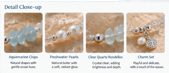 Aquamarine, pearl, crystal, and charm close-ups